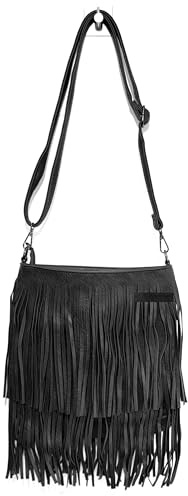 GFM® faux sac à bandoulière en cuir artificiel avec des franges douces - petite taille - Style 1 -Noir - (TASSBAG-003-SML-KL)