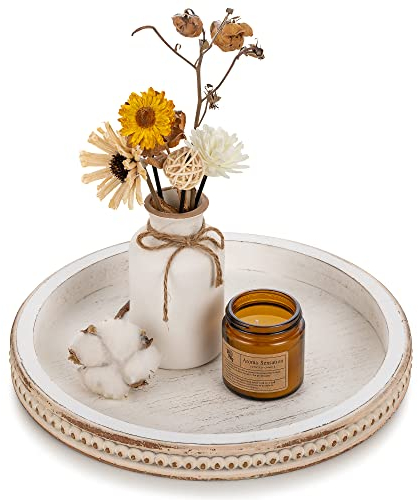 Hanobe Holztablett Deko Tablett Rund: Weiß Gewaschen Dekotablett Serviertablett mit Perlen Rand Vintage Weiss Shabby Weißes Kerzen Holztabletts für Küche Tisch