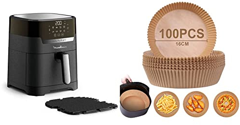 Moulinex Friteuse sans huile + grill, Capacité 4,2 L, Jusqu'à 6 personnes, 8 programmes automatiques, Température réglable & AiQInu Papier Sulfurisé Rond pour Air Fryer, 100 Pièces 16 cmPapier