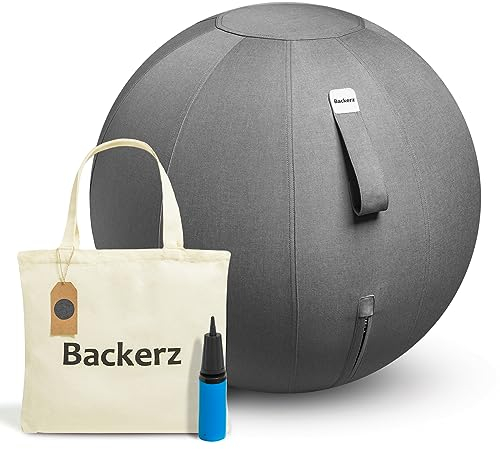 Backerz Sitzball Büro Ergonomisch 65 cm, Ergonomische Sitzmöbel für Büro und Heimbüro, Langlebiger Stoff, Gymnastikball - Fitness-Ball, Ballstuhl mit Ballauflage - Waschbarer Leinenbezug - Dunkelgrau