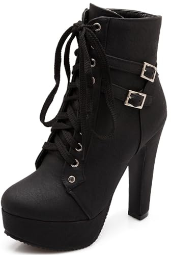 Lroey Reoly Bottines Femme à Talon Bloc, Bottes de Combat Bout Rond Talons Hauts Bottes Courtes Zip avec Plateforme, I15351Cj Noir Taille 34 EU