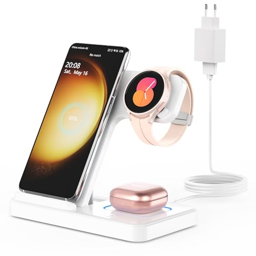 GEEKERA Induktive Ladestation für Samsung, 3 in 1 Faltbare Wireless Charger für Samsung S25/S24/S23/S22/S21, Induktionsladegerät für Galaxy Watch 8/7/6/5/4/3, Kabelloses Ladegerät für Galaxy Buds-Weiß
