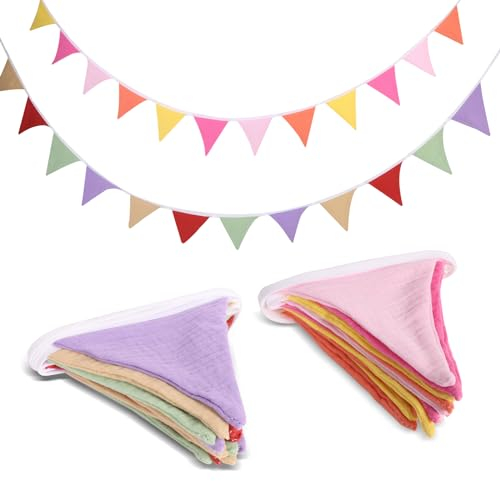 Wimpelkette 2 Stück, 2.6M Wimpelkette Stoff, Kinderzimmer Deko 100% Baumwolle, Musselinstoff Girlande zum Aufhängen, Babyzimmer Deko für Babybett and Kinderbett