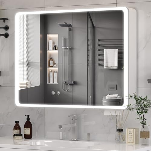 Buildonely Spiegelschrank Bad mit Beleuchtung 80 x 70 cm, Badezimmer Spiegelschrank mit Antibeschlag-Funktion für Badezimmer, Touchscreen-Steuerung, Aluminiumlegierung, Fertig Montiert