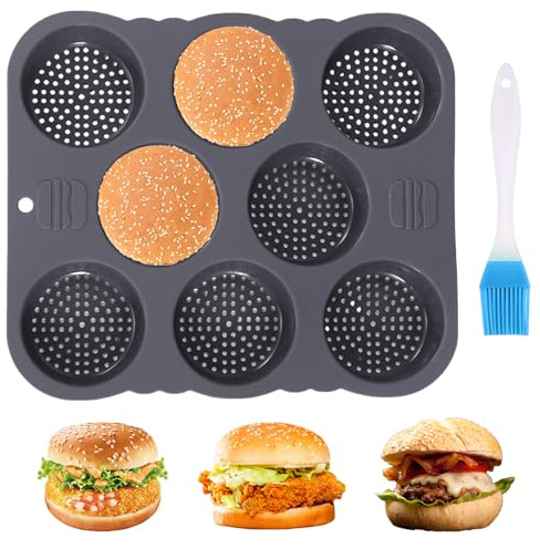 8 Cavités Moule à Pain Hamburger, Rond 8cm Moule Hamburger Silicone Antiadhésif avec Brosse, Plaque Buns Burgers Résistant à La Chaleur Pliable Moule Silicone Burger pour Muffins, Gâteau, Tartes