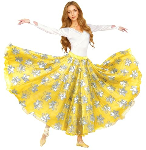 Baisdan Gonna da Donna 2 Strati per Danza del Ventre, Gonna in Raso con Paillettes Farfalla per spettacoli teatrali Costume, Argento, Taglia Unica