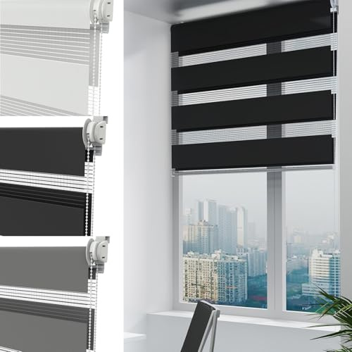 UISEBRT Estor doble Klemmfix sin taladrar, color negro, 80 x 220 cm, Duo Persianas para ventanas sin agujeros, protección visual y protección solar para oficina, salón, cocina, baño
