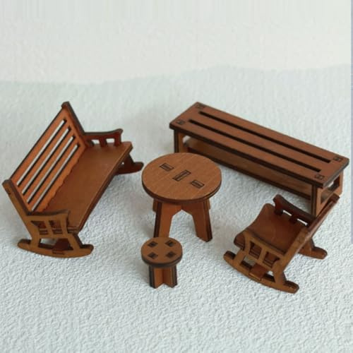 KARLOR Juego de muebles de madera en miniatura, 5 piezas, muebles para casa de muñecas, mini mecedora, banco, taburete, mesa redonda de madera para escena mni, paisajismo en miniatura, jardín de hadas