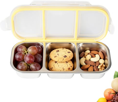 BUCOMTU Aperitivos de Acero de 3 Compartimentos, Fiambrera Bento Box Fiambrera Infantil, Aperitivos de Acero, Reutilizable para Comida de Adultos, Niños y Bebés, Escuela, Trabajo y Viajes