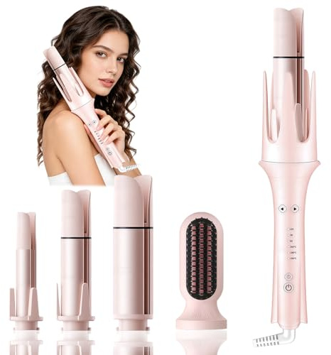 4 in 1 Rotating Auto Hair Curler, Automatic Curling Iron with 1.1in 1.25in 1.57in Ceramic Barrels & Straightening Brush, 3 Temp 3 Timer, Fast Heating Ionic Ceramic, Anti-Scald, 60 Min Auto Shut-Off