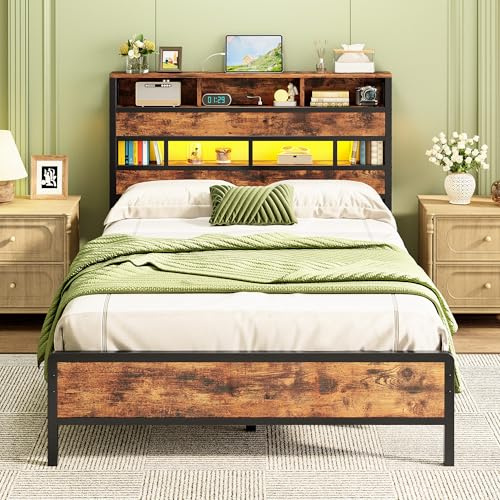 IRONCK Small Double Bed Frame with Storage Headboard, 3-Tier Shelves
