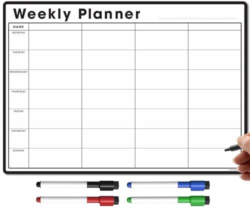 TMS A4 Agenda settimanale magnetica | lavagna bianca personalizzabile per attività familiari o aziendali e pianificazione dei pasti | con 4 penne magnetiche cancellabili a secco [30 x 21cm]