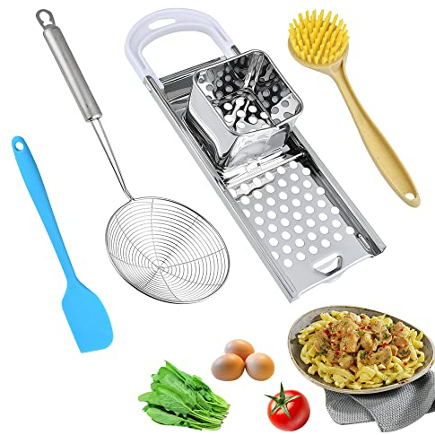 Worldity Stainless Steel Spaetzle Maker Set of 3 Germany Noodle Dumpling Maker with Comfort Grip Handle, With Spider Strainer and Cleaning Brush