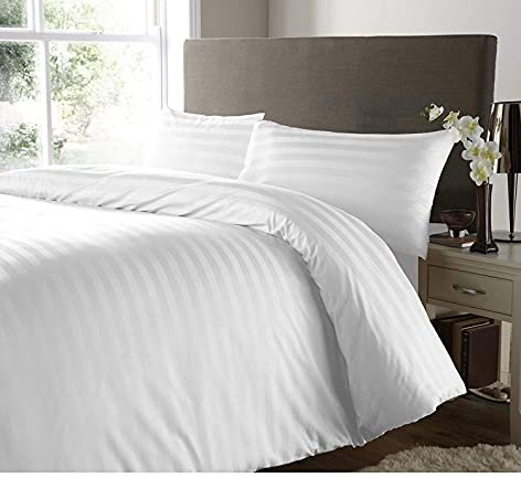 RAYYAN LINEN Satin Stripes Duvet Cover Set Satin 100% Egyptian Cotton 400 Thread Count Luxury Hotel Quality with Pillowcases (White, Double)