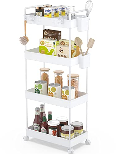 Ronlap Rollwagen Küchewagen mit 4 Ebenen, Servierwagen mit Aufhängebecher, Separator, Haken, Regal auf Rollen für Küche, Schlafzimmer, Büro, Weiß