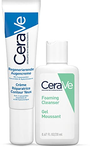 CeraVe Kit con Crema Contorno Occhi Riparatrice, Per Borse e Occhiaie, Con Acido Ialuronico e Niacinamide, 15 ml + Detergente Idratante Viso da Viaggio, Per Pelli da Normali a Secche, 20 ml