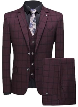 Traje a cuadros para hombre, traje de 3 piezas, traje de 2 botones, chaqueta de negocios, boda, fiesta, chaleco y pantalones, rosso, S