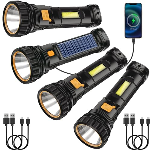 Idealife Linterna Solar Linterna LED Recargable USB, 1200 Mah Linterna LED, Ipx4 Impermeable 3 Modos Portátil Linternas Linterna de Trabajo, Linternas LED Para Ciclismo Camping, Montañismo (4 Packs)