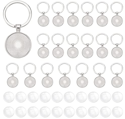 DICOSMETIC 20 Stück Foto Schlüsselanhänger, weiße Cabochons, Lünette, Tabletts, Charme, Legierung, Tabletts, Halterungen für Anhänger mit Cabochons aus Glas, für DIY Foto Schlüsselanhänger