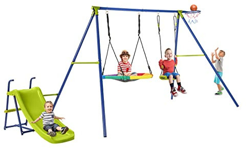 COSTWAY 4 en 1 Portique Balançoire Exterieur avec 2 Balançoires & Toboggan & Panier, Balançoire Enfant Extérieur en Métal avec Cordes Réglables, Charge 50kg pour 4 Enfants de 3-12 Ans