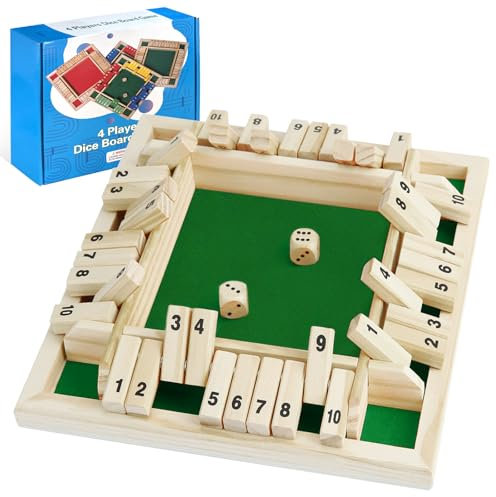 Audasi Shut The Box Spiel Brettspiel Aus Holz 4 Spieler mit Würfeln mit Würfeln 4-seitige 10 Zahlen Mathespiele für Kinder Klassiker Tabletop-Spiele würfelspiel Reisespiele Traditionelle Kneipenspiele