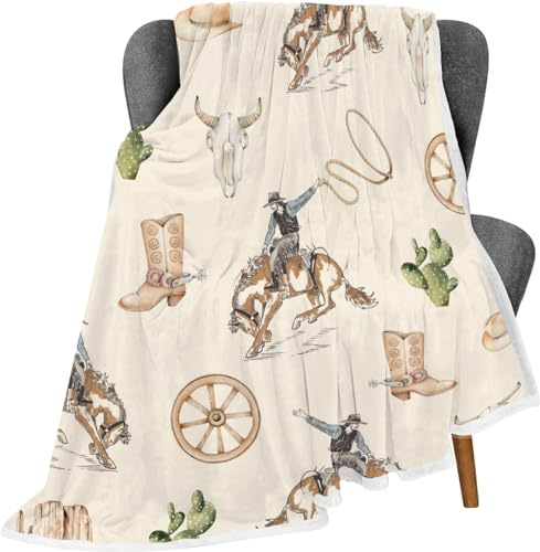 Hjokiupt Western Cowboy Throw Blankets, Riding Horse Wild Tropical Cactus Flannel Warm Soft Cozy Fluffy Bed Couch Blanket, Farmhouse White Fleece Throws to Decorate The Room and Bedroom 50 x 60