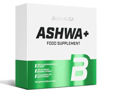 BioTechUSA Ashwa+, Suplemento dietético con Ashwagandha y extractos de té verde y panax ginseng, 30 cápsulas