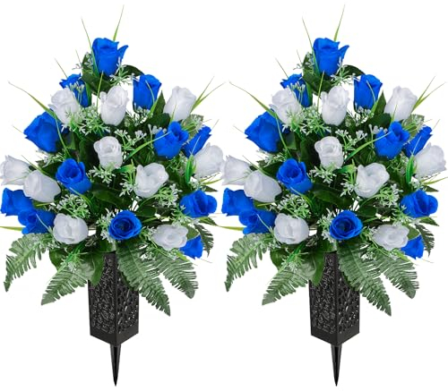 Set of 2 Artificial Grave Memorial Flowers Cemetery Flowers Rose Bouquet with Vase for Cemetery Graveyard Headstones Decoration (Blue&White-24H)