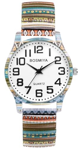 Oidea Relojes de banda elástica para mujer: reloj de pulsera analógico de cuarzo con esfera grande, diseño de flores bohemias, fácil de leer, correa elástica, Rayas bohemias, Floral casual