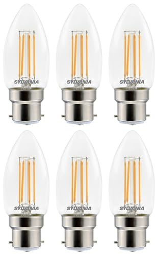 SYLVANIA kronljus klar filament LED-ljuskälla, B22, 4,5 W, 470 lumen, motsvarar 40 W, varmvit 2700K – 6-pack
