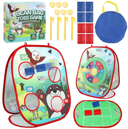 DERAYEE 3 in 1 Bean Bag Toss Game,Toss Game Set Portable Toss Game Cornhole Board Dart Board and Tic Tac Toe for Kids Gift Outdoor Garden Family Sports Kits