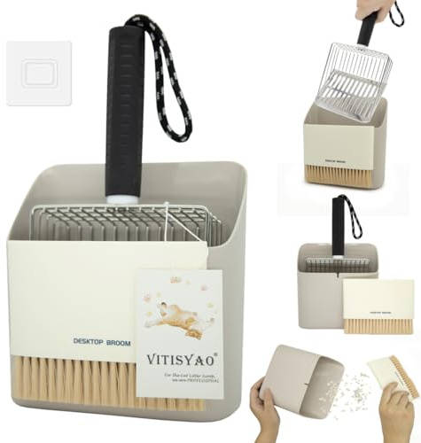 Vitisyao Stainless Steel Cat Litter Scoop, Metal Cat Litter Scooper with Holder - Portable Dustpan and Small Cleaning Brush, Heavy Duty Litter Scoop with Coarse and Fine Grid for All Cat Litter Boxes