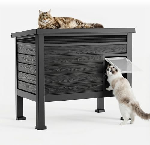 VIXZEN Outdoor Cat House Weatherproof, Resin PP Material with Wood Grain Design, Cat Houses for Outdoor Cats with Gas Strut Lid & Safety Latch, Raised Floor Cat Shelters for Outside Indoor (Black)