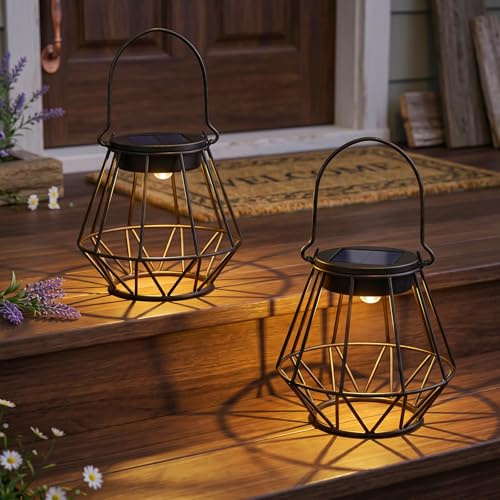 Kimjo Farolillos Solares Exterior Colgantes/Verticales, Impermeable IP65 Solar Lantern Outdoor, Lamparas Solares Exterior Jardin de Rejilla en Forma de Sol, Linterna Solar para Patio Balcón 2 Piezas