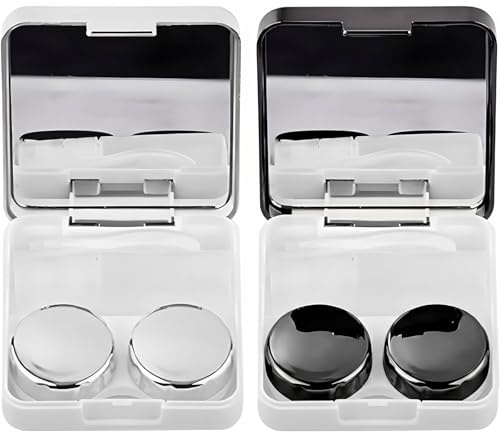 IBXWMNG 2 Contenitore per Lenti a Contatto Portatile Igiene,Custodia per Lenti a Contatto da Viaggio con Specchio e Contenitore per l'Immersione delle Lenti, L/R Cappucci (Nero + Argento)