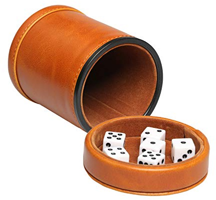 RERIVER Leatherette Dice Cup with Lid Includes 6 Dices, Velvet Interior Quiet in Shaking for Liars Dice Farkle Yahtzee Board Games, Brown