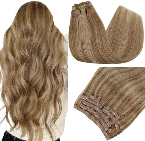 RUNATURE Clip in Extensions Echthaar Braun Hervorheben Blond Haarextensions 35cm Echthaar Extensions Clip Gerade Echthaar Clip in Extensions Dunkelblond Mit Goldblond 7Pcs 120g #10P16