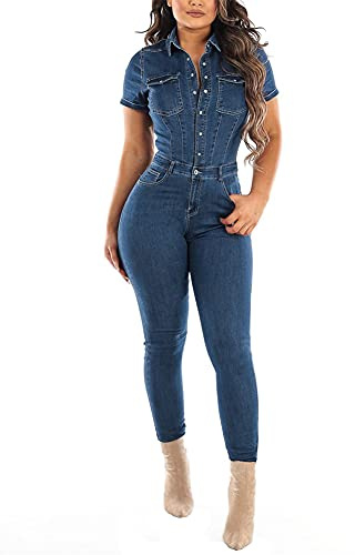 Verano Mono De Una Pieza De Manga Corta Mujer Sexy Largos Jumpsuit Señoras Peto Vaquero Slim Fit Overoles de Mezclilla Pantalones Vaqueros Elegante Stretch Skinny Jeans Denim Petos de Pantalon M