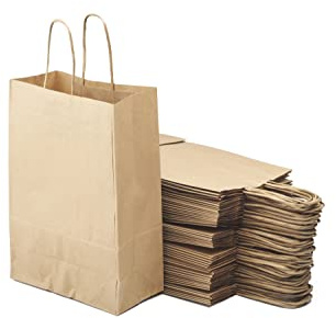 Set di 50 sacchetti marroni in carta kraft con manici – 20 x 10 x 29,2 cm – Borsa per la spesa/confezione regalo per compleanno, Natale, matrimonio.