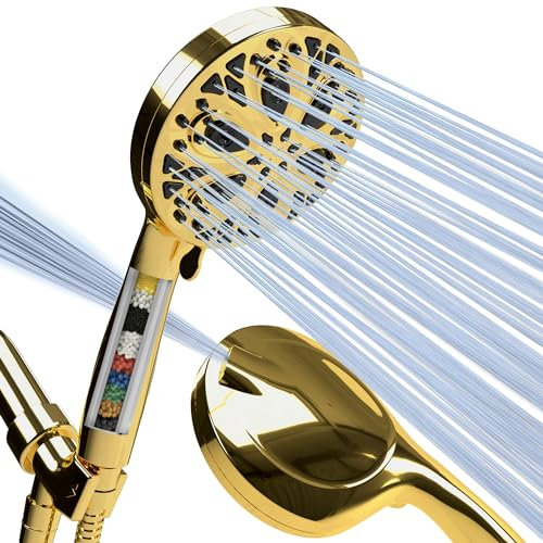 SparkPod 10-Mode Filtered Shower Head with Hose - 5 High Pressure Shower Heads with Filter - Handheld Shower Head Filter with Built-in Power Jet, Stainless 6ft Hose and Bracket (Egyptian Gold)