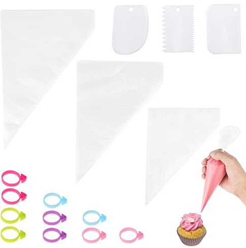 Coptiner 300 sacchetti usa e getta per tubazioni, set di sacchetti per pasticceria trasparenti per decorare torte, 10 cravatte, 3 pettini per decorazioni per torte, dessert