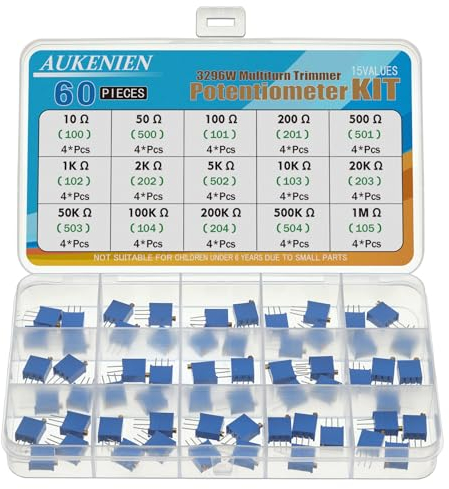 AUKENIEN 15 Werte 60 Stück 3296W Trimmer Potentiometer 10 50 100 200 500 1K 2K 5K 10K 20K 50K 100K 200K 500K 1M Ohm Variable Widerstand Sortiment Kit