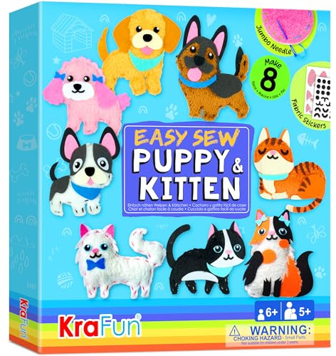 KRAFUN Kit de Couture Chiots et Chatons pour Enfants dès 5 Ans, 9 Projets Débutants (Poupées Peluche Chiens, Chats), Feutre, Instructions, Jouet Éducatif