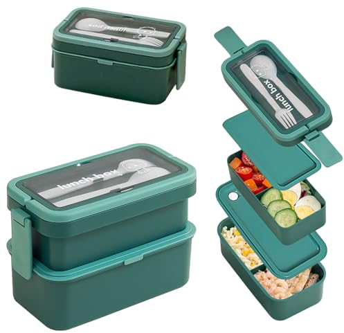 Echehi 2-Lagen Brotdose mit Fächern für Erwachsene und Kinder, 950+550ml Stapelbare Brotzeitbox mit Großem Fassungsvermögen, Auslaufsichere Lunchbox mit Gabel und Löffel und verstecktem Griff