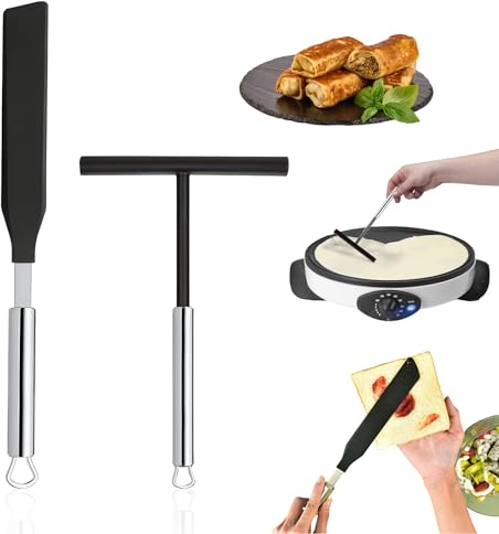 2 Pieces Stainless Steel Silicone Kitchen Helper Crepes Turner Accessories Crepes Set Crepes Distributor Angle Palette Spatula Stainless Steel Crepes with Long Handle Distributor Crepe Maker Accessory