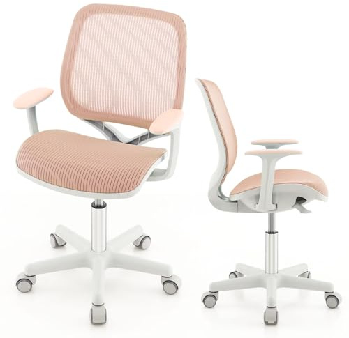 COSTWAY Silla de Escritorio para Niños, Silla Infantil Giratoria para Computadora con Altura Ajustable, Ruedas con Freno, Reposabrazos Lisos, Silla Ergonómica de Estudio para Niño (Rosado)