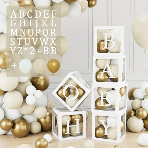 105Pcs Scatole Baby Shower Decorazioni, 6 Scatole Trasparenti con 54 Letteres (B+A-Z*2), 45 Palloncini Oro Bianco, Scatole Palloncini per Baby Shower Decorazioni Compleanno, DIY Nom, Battesimo Bimbo