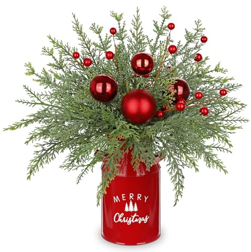 Árbol de Navidad de 40 cm/15,7 pulgadas en miniatura para mesa en jarrón de estaño, ramas de pino artificiales cubiertas con mini bolas de Navidad rojas y bayas para decoración navideña, decoración