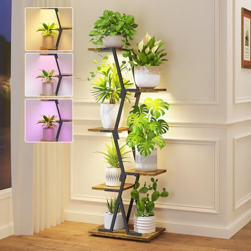iDavosic.ly 5 Tier Indoor Plant Stand with Grow Light, Corner Tall Metal & Wood Flower Shelf, Orchid Display Rack for Living Room Balcony, Space Saving & Multifunctional Display, Black & Brown