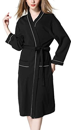 Generisch Peignoir pour femme - Léger et fin - En gaufré - Col en V - Manteau de sauna - Manches longues - Avec passants de ceinture et deux poches plaquées - Manteau de nuit doux et ample, Noir , S